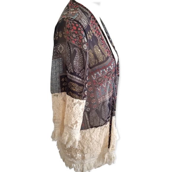 BoHo paisley, lace and fringed topper, semi-sheer, gypsy/hippie chick style sz L - Picture 5 of 9